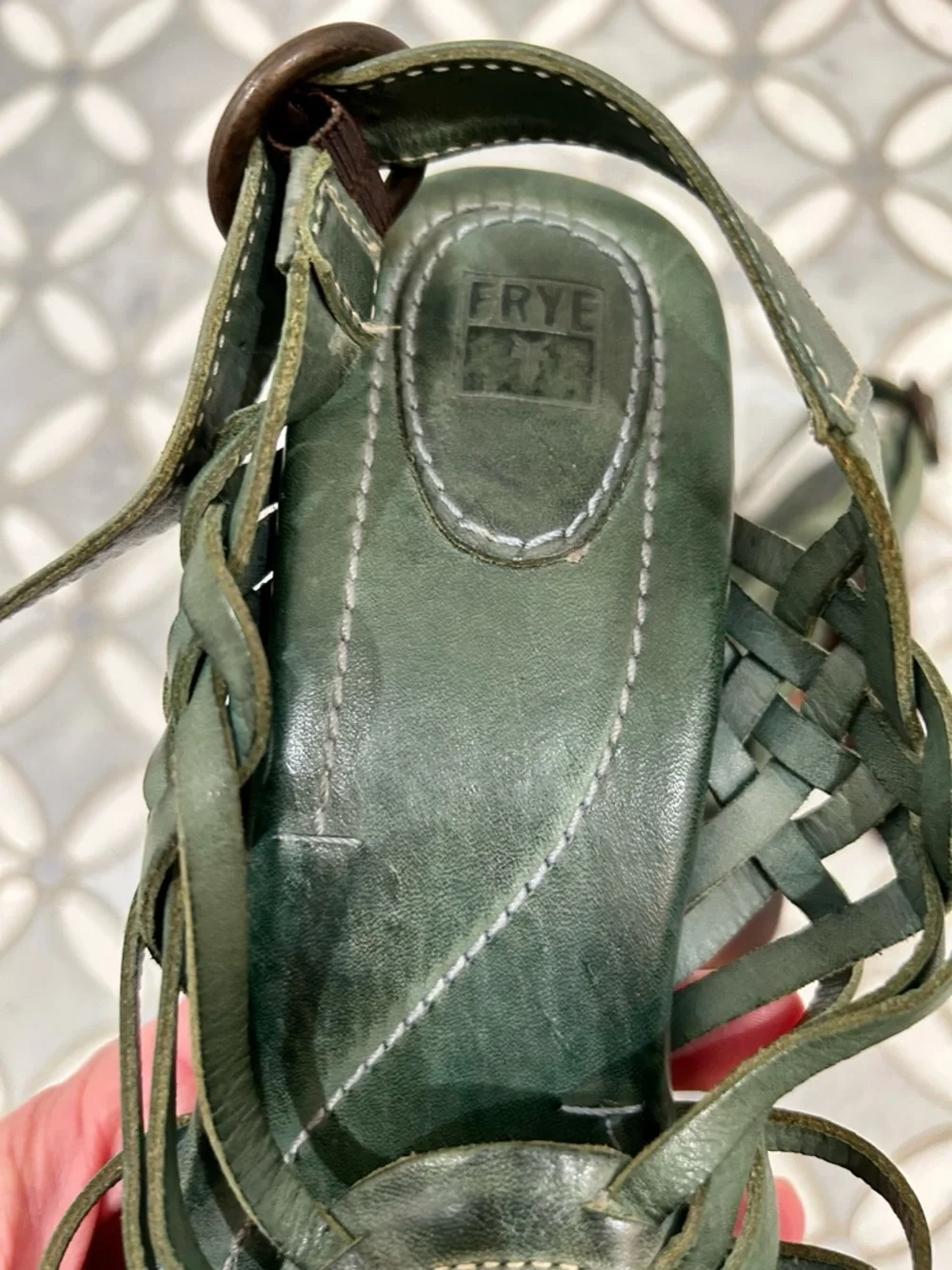 Frye Joy Huarache Platform Sandals Olive Green Leather Wood Heels Boho 9.5 - Picture 8 of 13
